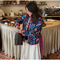Floral Print Tie Waist Quilted Cotton Jacket  Stand Collar Loose Fit 2026 Spring Women Bohemian Vintage Daily Fashion Outerwear