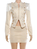 Chic Two Piece Sets for Women Tassel Epaulet Embroidered Hook and Eye Placket Cropped Jacket Mini Skirt for Party