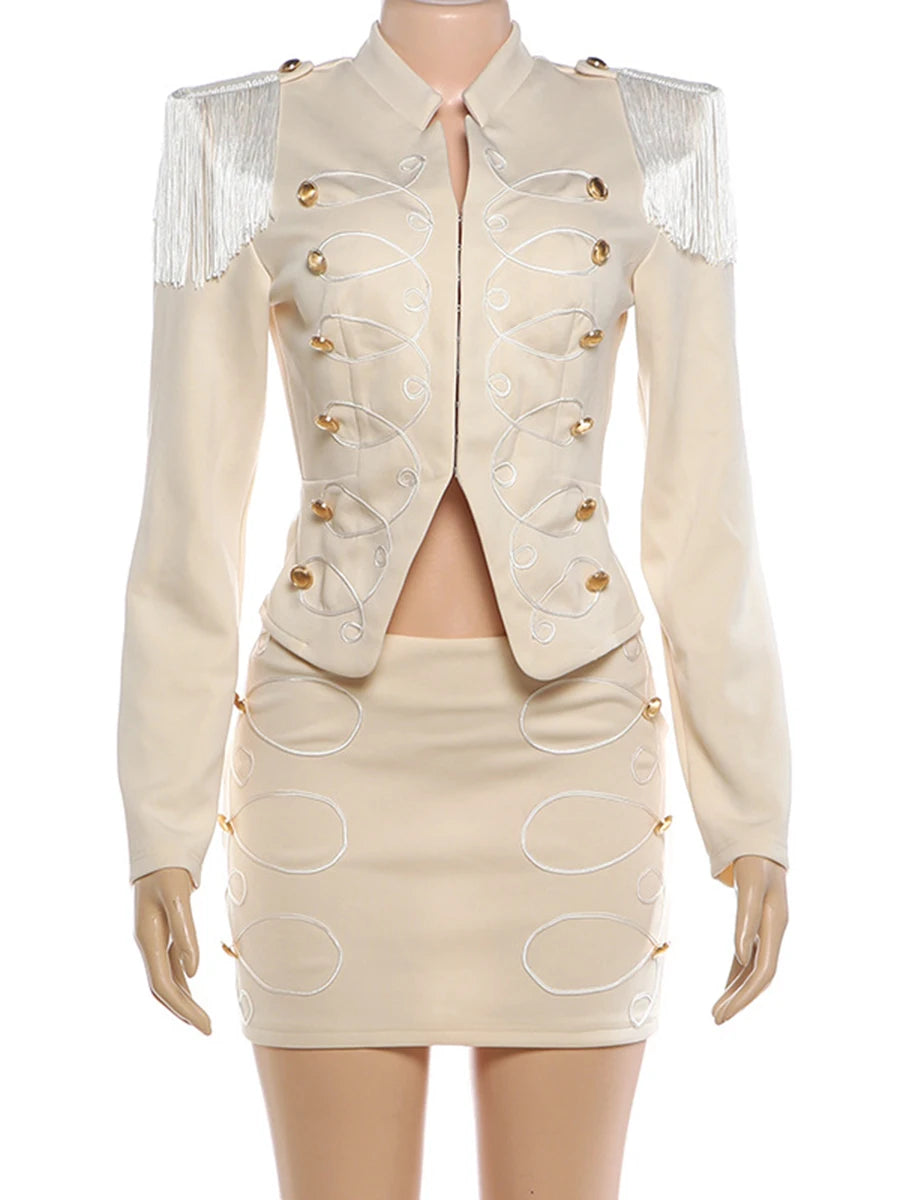 Chic Two Piece Sets for Women Tassel Epaulet Embroidered Hook and Eye Placket Cropped Jacket Mini Skirt for Party