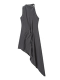 Solid Loose Spliced Folds Chic Dress for Women O Neck Sleeveless Irregular Luxury Dresses Female Summer Fashion New