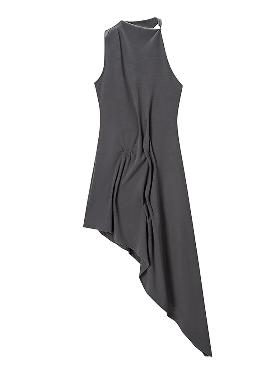 Solid Loose Spliced Folds Chic Dress for Women O Neck Sleeveless Irregular Luxury Dresses Female Summer Fashion New