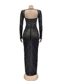 Open Back Glitter Sheer Mesh Party Maxi Dress for Women Fashion Full Sleeve Bodycon Sexy Club Long Evening Dress Vestidos