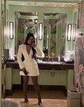 Chic Waist Cinching Mini Dress Women Fashion Full Sleeve Deep V-neck Double Breasted Short Dresses Lady Daily Party Street Gowns