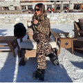 Fashion Leopard Print Ski Suit Women Stand Collar Hooded Zipper Coat Chic Slim Pants 2026 Winter Warm Casual Sport Windproof Set
