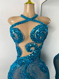 Women Sexy Sparkly Crystal Sequins Sleeveless Mesh See Through High Split Long Birthday Dress Dancer Performance Stage Costume