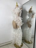 Women Sexy Luxury Rhinestone Mesh Feather Sheer See Through Long Celebrity Birthday Dress Cocktail Nightclub Performance Costume