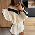 Color Block Zip Up Two Piece Set Women Long Sleeve Stand Collar Cropped Jacket High Waist Shorts 2026 Spring Summer Casual Suit