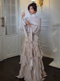 Women's Shining Tiered Ruffle Long Dress Elegant Turtleneck Lantern Sleeve High Waist Maxi Dress With Scarf Lady Evening Robes