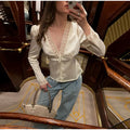 Sexy V-neck Lace Patchwork Solid Top Women Short Sleeve Single Breasted Lace Up Loose Tops Female Spring Chic Casual Streetwear