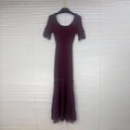 Romantic Dates Brown Ribbed Knit Mermaid Dresses for Women U Neck Short Sleeve Lace Trimmed Midi Skirt for Office Commute