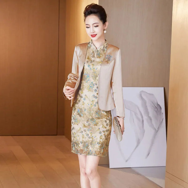 Classic Champagne Golden Mother Bride Cheongsam Dresses Chinese Embroidered Wedding Evening Dress for Women Party