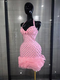Pink Black Women Sexy Halter Off the Shoulder Sparkly Crystal Ruffles Bodycon Bandage Mini Dress Celebrate Evening Party Outfit