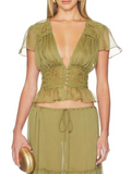 Romantic Boho Two Piece for Women V Neck Lace Spliced Crop Top Sheer Ruffle Hem Drawstring Waist Outfit for Vacation Beach