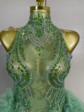 Women Birthday Party Costume Bar Nightclub Singer Sexy Stage Performance Outfit Sparkly Green Diamonds Mesh See Through Bodysuit