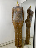 Sparkly Rhinestone Women Sexy Mesh See Through Floor Length Long Sleeve Birthday Dress Party Nightclub Stage Wear
