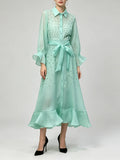 Solid Chic Soft Floral Hollow Out Sheer Flowy Shirt Midi Dress For Women Lapel Long Sleeve Belted Ruffle Hem Vacation Outfit
