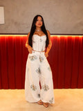 White Floral Print Two Piece Set Spaghetti Strap Ruffle Corset Top Strap Wide Leg Pants 2026 Summer Street Casual Women Outfit