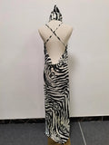 Sexy Backless Long Dress with Kerchief for Women Halter Sleeveless High Waist Split Striped Design Dresses Female