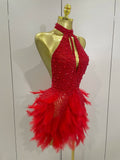 Women Sexy Celebrate Birthday Dress Luxury Rhinestones Pearls Feathers Halter Backless Short Dress Nightclub Bar Stage Costume