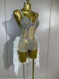 Women See Through Evening Nightclub Bar Party Dance Stage Dress Luxury Sparkly Rhinestones Mesh White Ruffles Patchwork Bodysuit