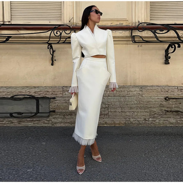Elegant Women's solid Mesh Patchwork Suit Jacket Skirt Set V-neck Long Sleeve Short Jackets A-line Skirts 2026 Lady Suits