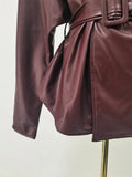 American Retro Burgundy Leather Jacket for Women Stand Collar Long Sleeves Slimming Design Coat Female Winter New