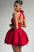 Elegant Red Backless Corset Halter Mini Dress Women Puff Hem Short Dresses Summer Evening Party Birthday Wedding Guest Cocktail