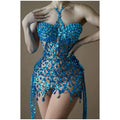 Women's Two-piece Peacock Blue Sequined Rhinestone Tube Top Halter Sheer Dress Fashion Hot Party Stage Performance Evening Gown