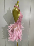 Women Sexy Celebrate Birthday Dress Luxury Rhinestones Pearls Feathers Halter Backless Short Dress Nightclub Bar Stage Costume