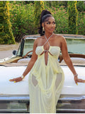 Sexy Yellow Chiffon Halter Maxi Dress Lady Chic Hollow Out Backless Lace Up Sleeveless See Through Robe Female Spring Party Wear