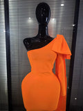 Orange Color Women Long Sleeve One Shoulder Big Bow Bodycon Midi Bandage Dress Elegant Evening Party Birthday Cocktail Wear