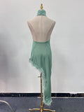 Solid Slim Backless Dresses For Women Round Neck Sleeveless High Waist Spliced Feather Irregular Dress Female New