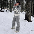 Women Color Block Spliced Ski Set Fleece Lined Stand Collar Zip Jacket Multi‑Pocket Wide Leg Trousers 2026 Winter Fashion Outfit