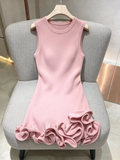 Sleeveless Crew Neck Knit Mini Dress for Women Solid Color 3D Layered Ruffle Trim Bodycon for Club Cocktail Night Out Party