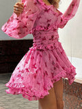 Printing Temperament Mesh Dress for Women Square Collar Long Sleeve Spliced Ruffles Edge Mini Dresses Female Style