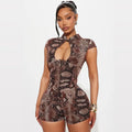 Snake Print Romper Hollow Out Jumpsuit Woman Playsuit Birthday One Piece Corset Combinaison Short Femme Night Club Outfits