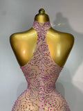 Women Sexy Backless Pink Diamond Mesh See Through Long Dress Evening Club Party Celebrity Elegant Stage Performance Costume