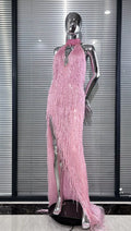 Women's Glam Low-Cut High Split Sleeveless Fringed Dress Fashion Party Dinner Evening Gown Performance Costume Vestidos De Noche