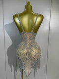 Women Evening Party Luxury Birthday Dress Photo Shoot  Stage Outfit  Sparkly Diamonds Tassel Mesh Transparent Bodycon Mini Dress