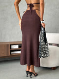 Women 2 Piece Set Sexy Halter Sleeveless Triangle Bra Crop Top Hollow Maxi Skirt Set Slim Knit Summer Beach Vacation Set