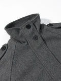 Gray Minimalist Woolen Coat for Women Stand Collar Long Sleeve Pathowrk Single Breasted Loose Casual Jacket Female