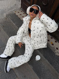Women Floral Print Hooded Puffer Snow Suit Two Piece Outfit Thick Warm Winter Windproof Ski Jacket Wide Leg Pants Set Outdoor