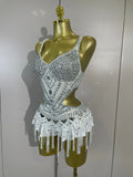 Sparkly Silver Rhinestones Tassels White Bodysuit Dress Women Sexy Eveing Party Dancer Nightclub Stage Team Performance Costume
