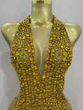 Luxury Golden Rhinestone Sexy Mesh Stretch Bodysuits Women Birthday Dancer Performance Stage Wear Nightclub Team Hotwife Outfit