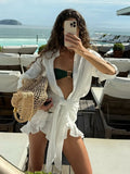Lace Up Shirt Dress Women's Summer New Vacation Lazy Solid Lapel Bodycon Irregular Shirt Dress Female Travel Beach Dress