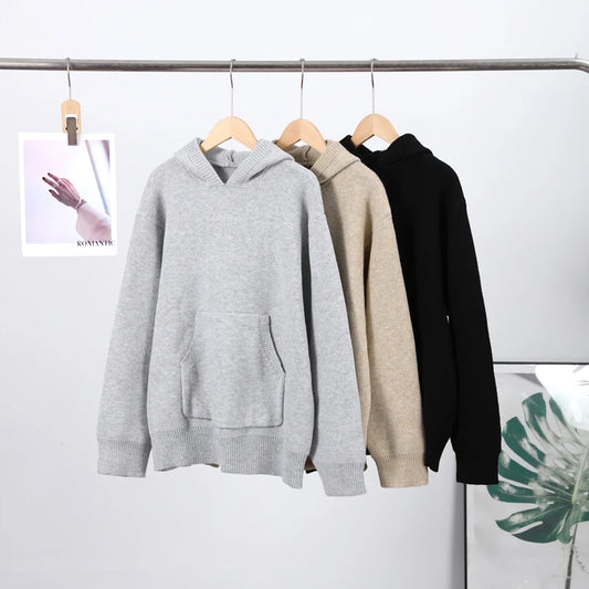 Women Fashion Solid Knitted Hooded Top O-neck Casual Full Sleeve Loose Pullover Female Spring New Chic Casual Street Outfit