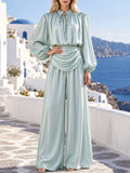 Satin Two Piece Set for Women Ruffle Mock Neck Long Lantern Sleeve Crop Top Pleated Wrap Wide Leg Pants for Vacation Daily
