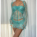 Glitter Sequins Knitted Skirt Sets Women 3 Piece Outfit Vacation Festival Clothing Sheer Top and Mini Skirt Matching Sets
