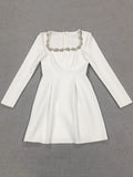 Elegant Mini Square Collar Diamond Evening Dress Short A-Line Long Sleeves White Pocket Princess Prom Gowns 2024 New