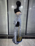 Women Sexy Strapless Sparkly Diamonds Mesh See Through Maxi Long Dress Luxury Birthday Evening Party Nightclub Bar Stage Costume